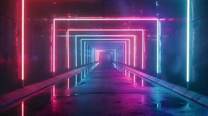 Naklejka premium Vibrant Neon Lit Futuristic Tunnel with Pulsating Lights for Showcasing Innovative Products