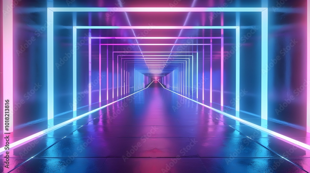 Poster pulsating neon tunnel of futuristic lights and patterns for product concept display