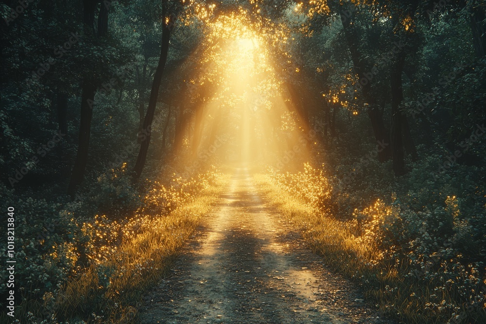 Poster a serene forest path illuminated by golden sunlight filtering through the trees, creating a magical 