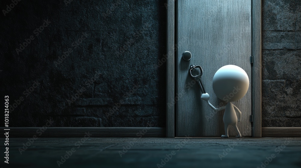 Poster a 3d character trying to unlock a door by using a car key, symbolizing misapplied knowledge and abse