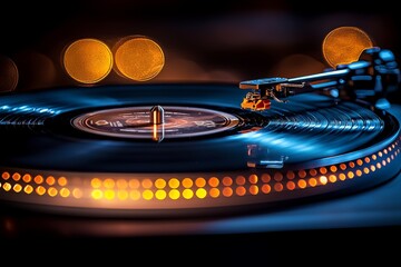 Obraz premium Close-up of a turntable with a spinning vinyl record, creating a nostalgic and vibrant atmosphere.