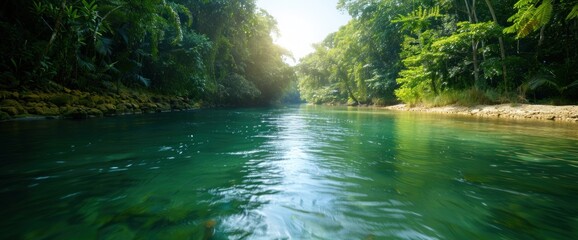 Fototapeta premium Serene Tropical River Landscape Surrounded by Lush Greenery and Vibrant Nature