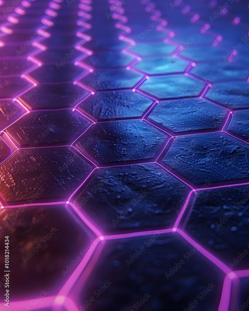 Poster glowing neon hexagon pattern with subtle grid overlay for high tech product concepts