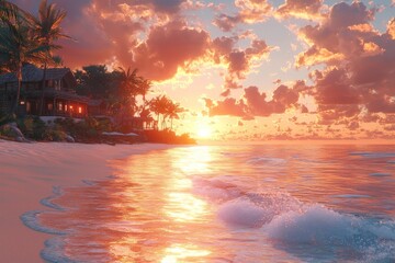 A stunning tropical sunset illuminates the shoreline, with soft waves lapping at the sandy beach.
