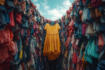Fototapeta premium A vibrant yellow dress hanging amidst a sea of colorful clothing, creating a striking visual contrast against the vivid backdrop.