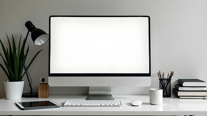 Fototapeta premium A desk with a computer a lamp a plant and some books on it The computer is a blank white screen