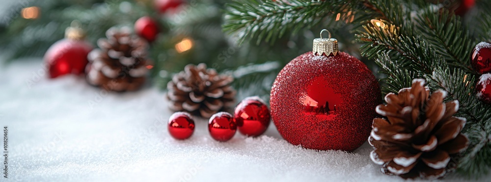 Poster a red christmas ball decoration with fir cones in a row isolated on a transparent background with a 