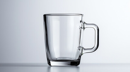 Clear glass mug with handle, white background