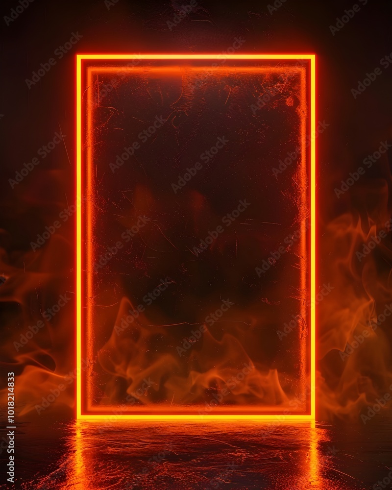 Poster glowing neon rectangle frame against dark background offering bold minimalist display for product co