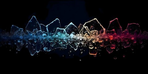 black background, illuminated with white highlights, transforming seamlessly into colorful geometric code symbols