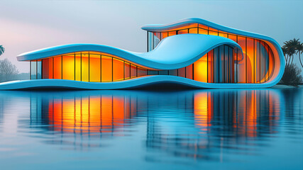 Obraz premium Futuristic Glass Building With Flowing Design and Vibrant Reflections at Dusk by the Water