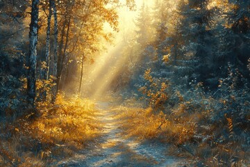 Fototapeta premium A serene forest path bathed in golden sunlight, showcasing warm autumn colors and a tranquil atmosphere.