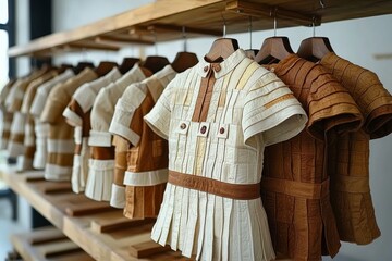 Fototapeta premium Fashion display of stylish beige and brown tailored garments hanging on wooden hangers.