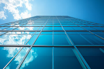 A low angle view of a modern glass building with clouds reflected in the windows.