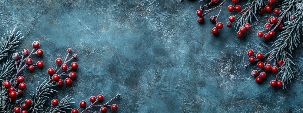 Poster frost-covered branches with red berries frame the ice-covered board. copy space.