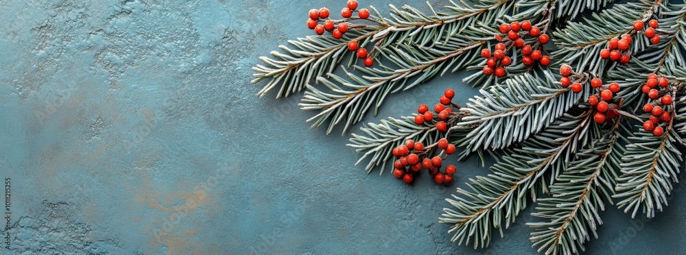 Poster the frame is framed by branches with red berries covered in frost. there is space for a copy of the 