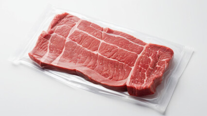 Beef steak in airtight packaging, fresh raw high-quality beef, white background for use in the food industry.