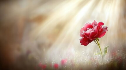 Obraz premium A single red rose with dew drops stands tall in a field of flowers, bathed in sunlight.