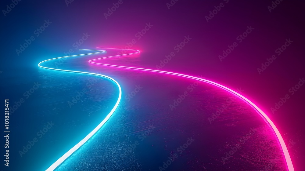 Poster winding neon path in futuristic and mysterious backdrop for product concept display