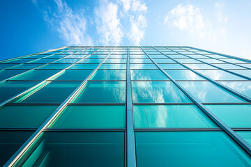 Obraz premium A low angle view of a modern glass building with a blue sky and white clouds reflecting in the windows.