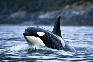 Fototapeta premium Full-body Orca Killer Whale Swimming Gracefully in Its Natural Habitat Near Coastal Waters