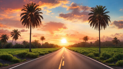 Fototapeta premium Road with Palm Trees on Both Sides and a Clear Sky