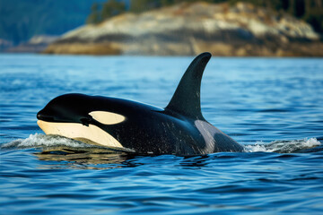 Fototapeta premium Orca Swimming Gracefully in Its Natural Habitat off the Coast During a Sunny Day