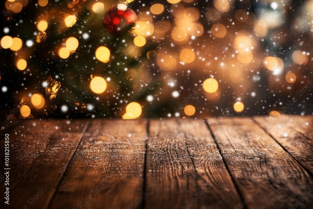 Poster a blurred christmas tree with bokeh light background is on top of an empty wood table