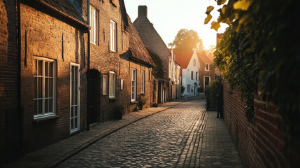 Naklejka premium A quaint village at sunrise, with cobblestone streets, historic buildings, and soft golden light illuminating the scene