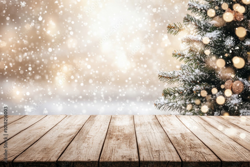 Poster an empty wooden table top with a blurred christmas tree and bokeh light in the background