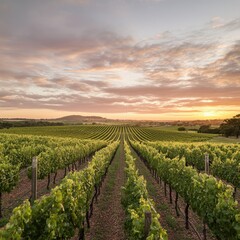 Fototapeta premium A wide-angle shot of a sprawling vineyard, with rows of grapevines stretching toward the horizon under a soft sunset sky