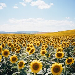 A wide-angle shot of a sunflower field in full bloom, with rows of vibrant yellow flowers stretching toward a distant horizon
