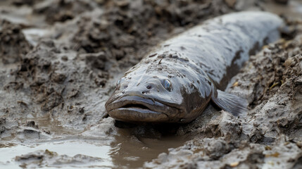 A realistic image of an African Lungfish resting on a muddy riverbed, its elongated body partially covered in silt and surrounded by murky wate