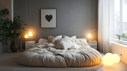 Cozy Round Bed with Pillows and Warm Lighting in a Modern Bedroom