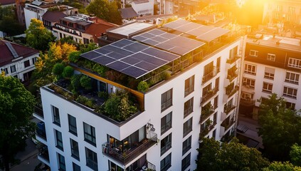Aerial view of a modern apartment building with a green roof and solar panels.
