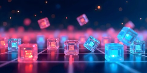 Floating neon cubes in a transparent matrix during a night scene, with twinkling stars in the background to add depth