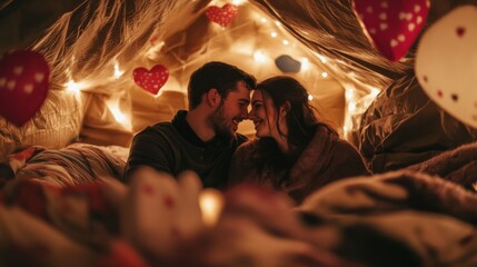Couple Sharing Intimate Moment in a Cozy Fort Decorated with Hearts
