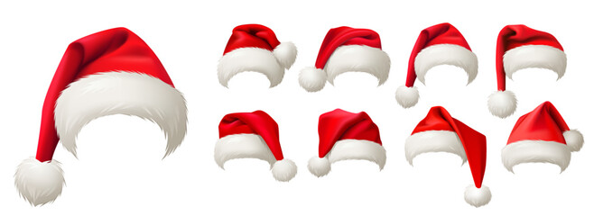 Santa Claus hat. Christmas realistic vector icon set. New Year red hat