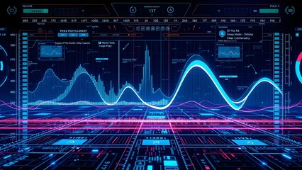 Futuristic Neon Interface with Data Graphs and Charts