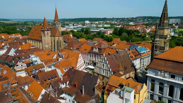 4K Aerial Drone Video of the St. Johannis Kirche Church and Kirche St. Gumbertus Church in Ansbach, Germany
