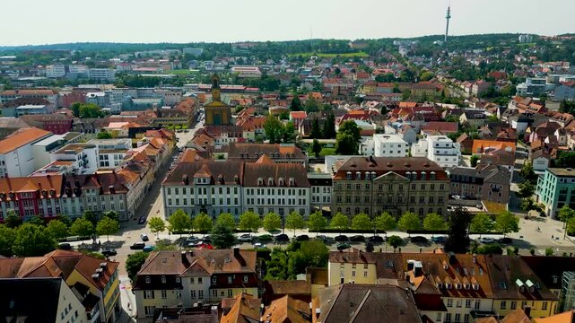 4K Aerial Drone Video of the Landgericht Courthouse and Promenade Outside the Town Wall of Downtown Ansbach, Germany