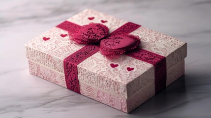 Pink Gift Box with Red Lace Bow and Hearts