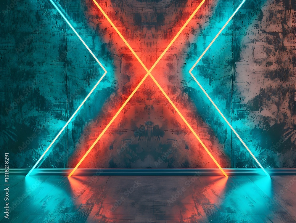 Poster bright neon upward pointing arrow pattern on dark background symbolizing progress and growth