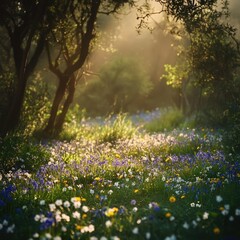 Naklejka premium A wildflower meadow filled with bluebells, daisies, and buttercups, with soft sunlight streaming through the trees
