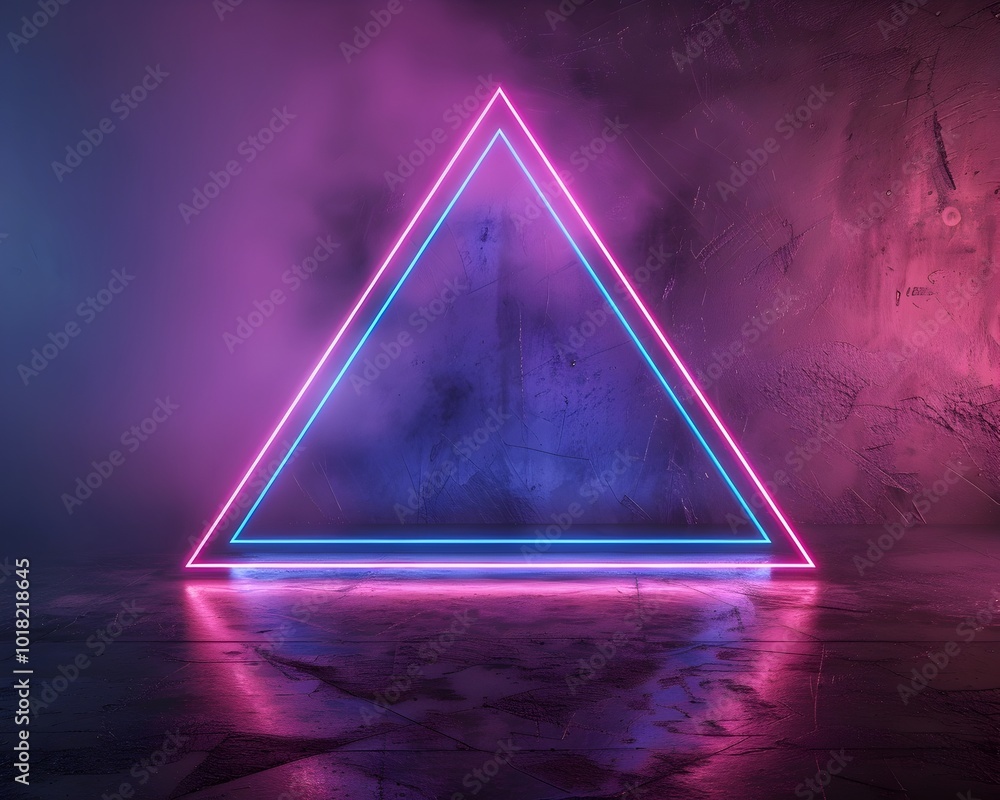 Poster glowing neon triangle outline against moody dark background with copy space