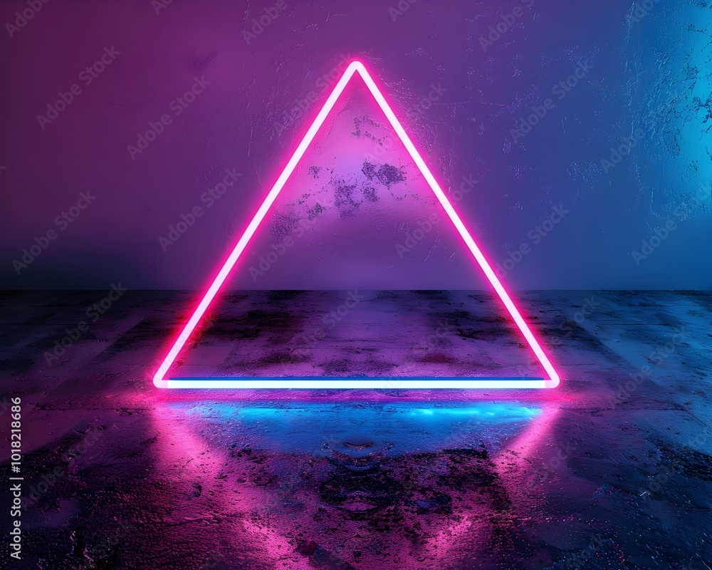 Poster glowing neon triangle outline against mysterious dark background with copy space