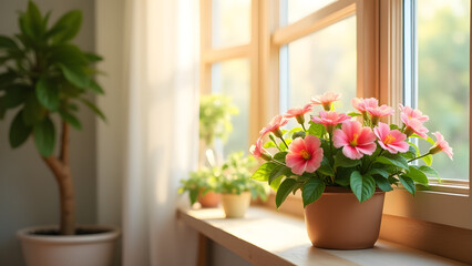 Fototapeta premium A Cozily Arranged Room Featuring a Flowering Bush Against a Bright Window Bathed in Soft Cascading Light Enhancing a Cheerful Decor