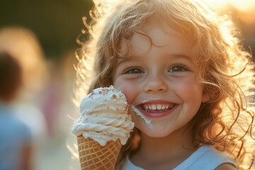 Naklejka premium A young girl with curly hair smiles brightly while holding a large ice cream cone. Sunlight creates a warm glow around her, enhancing her happiness as she enjoys a delightful treat in a park filled wi