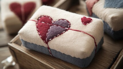 Fototapeta premium Fabric Heart-Shaped Gift Box with Red and Purple Detailing