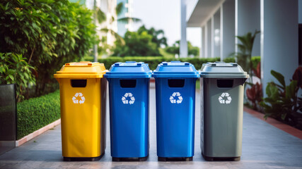 Colorful Recycling Bins Arranged Neatly in a Green Urban Setting During Daylight Hours